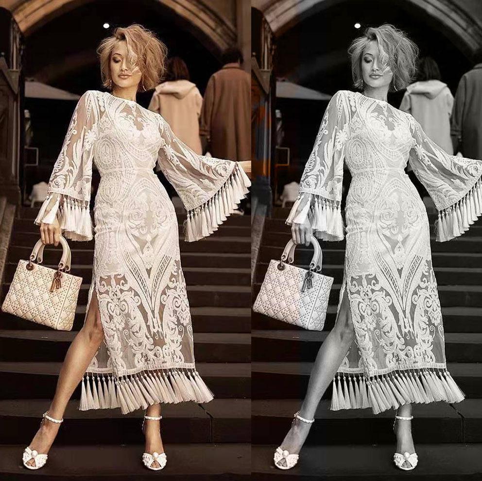 2025 Spring European & American Women's Embroidered White Tassel Lace Evening Dress