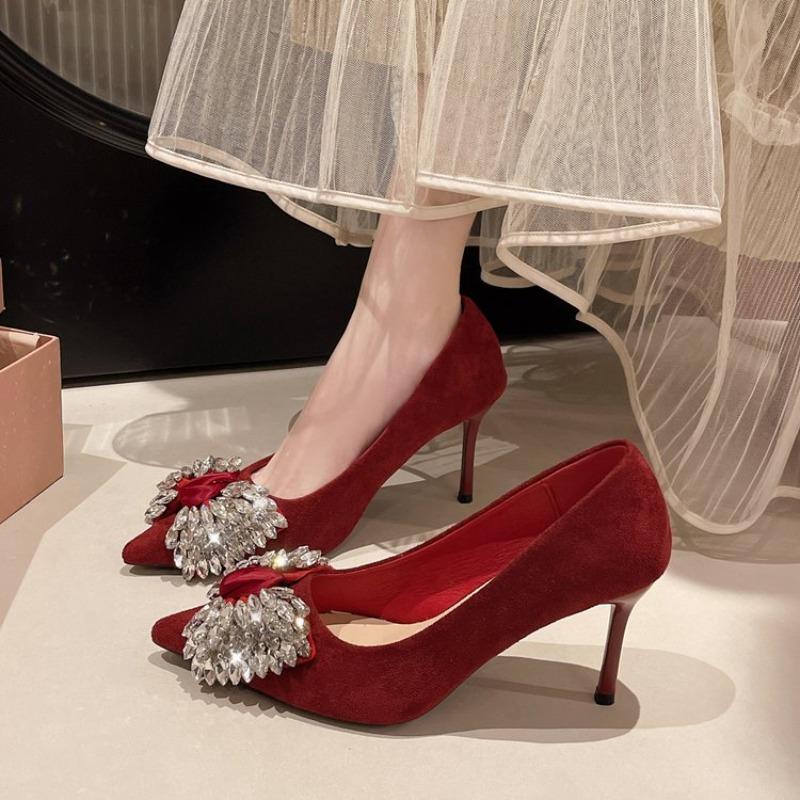 Elegant Black Velvet High Heels Women's Shoes French Design Tassel Diamond Embellished Floral Patterned Shoes for Autumn Winter