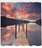 Wooden Bridge Print Shower Curtain Boat at Lake Shore Wooden Pier Sunset Sunbeams and Romantic Evening View, Polyester Fabric