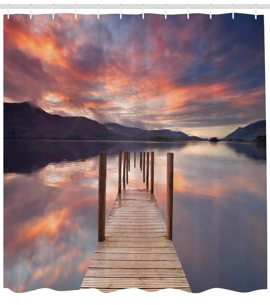 Wooden Bridge Print Shower Curtain Boat at Lake Shore Wooden Pier Sunset Sunbeams and Romantic Evening View, Polyester Fabric
