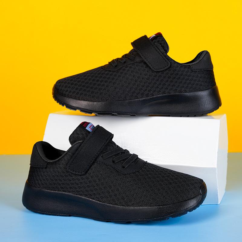 Breathable Boys' Double Mesh Running Shoes - Soft Sole, All Black, Medium to Large Sizes