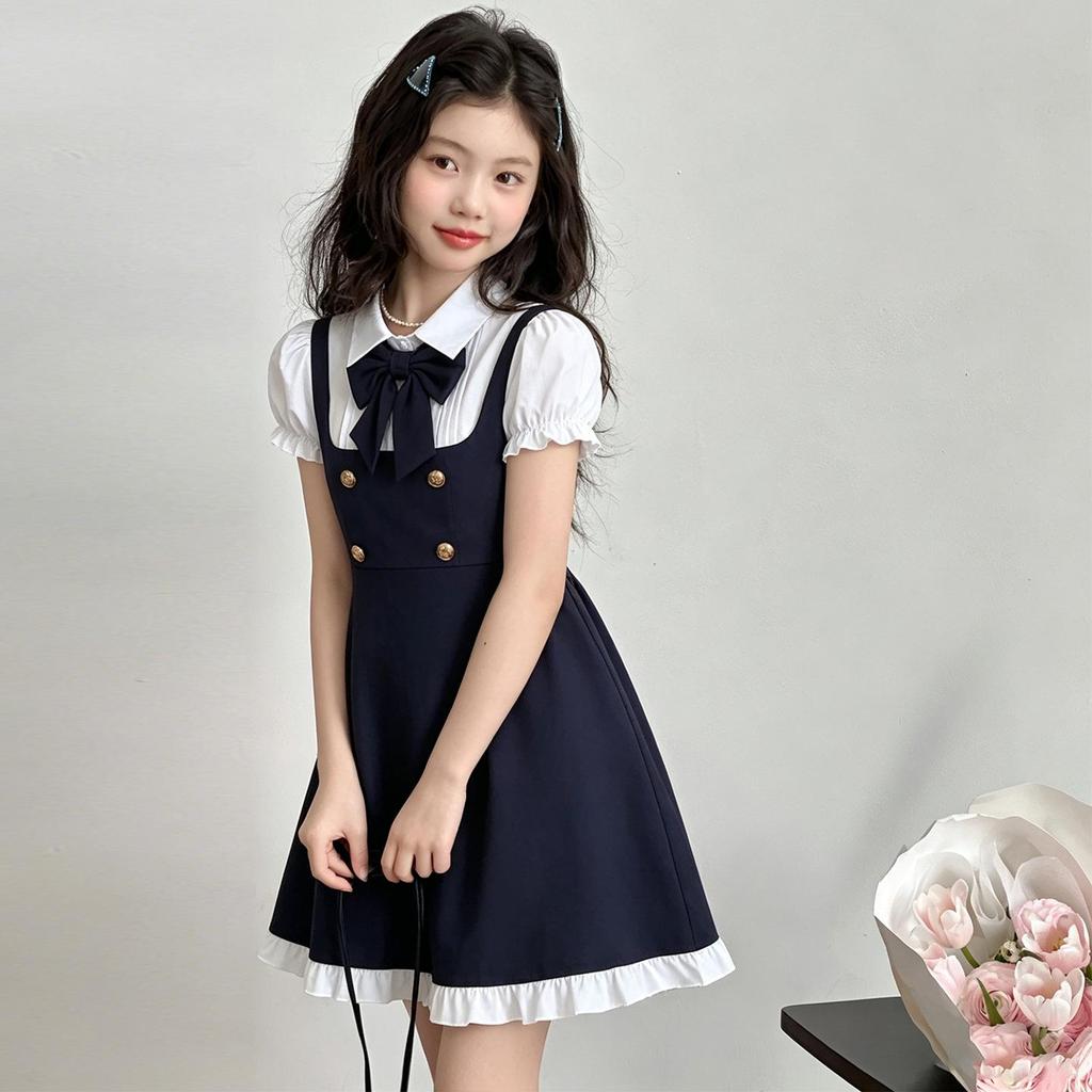 Elegante Vestito Estivo da Bambina con Fiocco e Gonna a Camicia a Maniche Corte