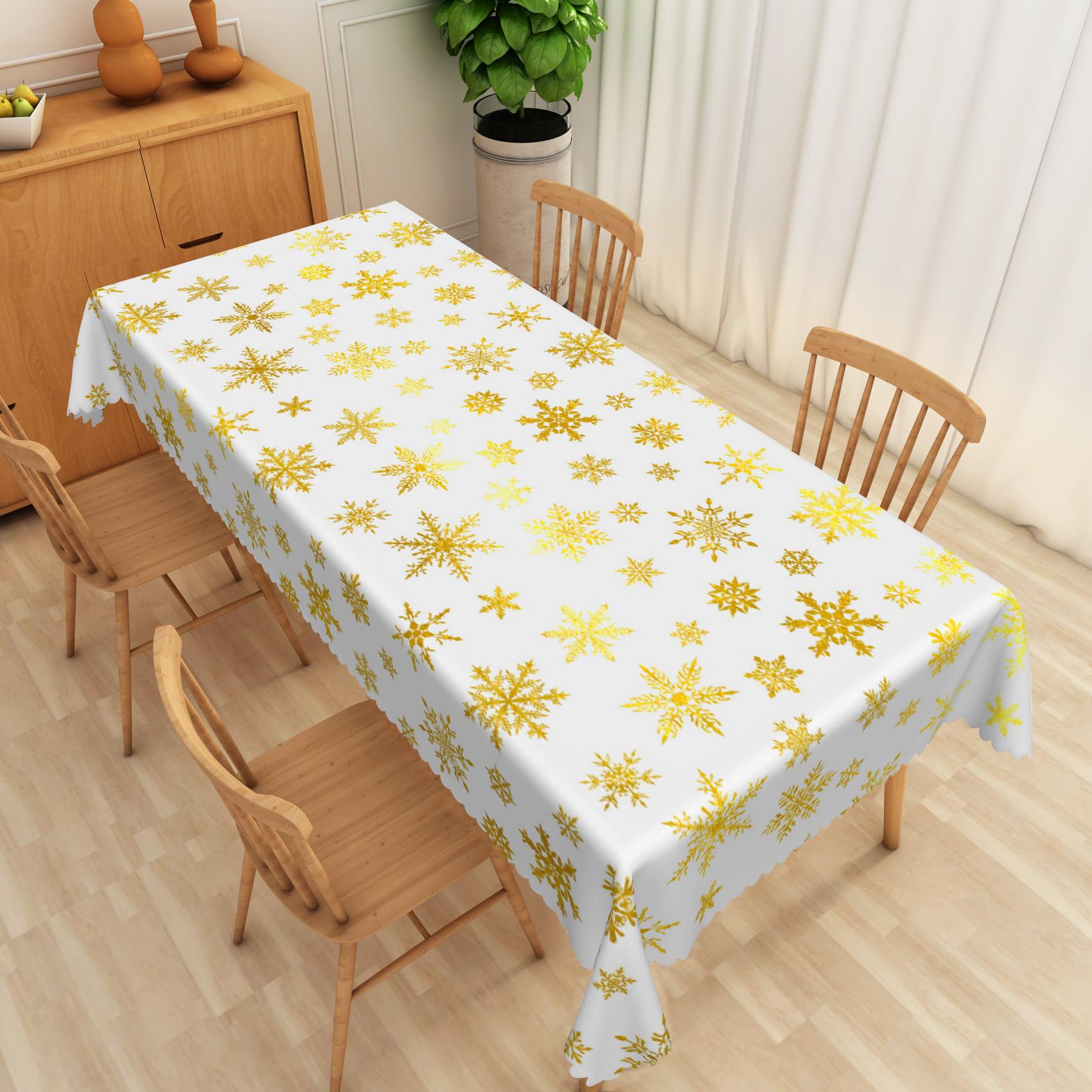

White Gold Christmas Tablecloth Snowflake Reindeer Xmas Tree Pattern Waterproof Table Cover Holiday Dining Festive Table Decor 90x140cm 35x55inch