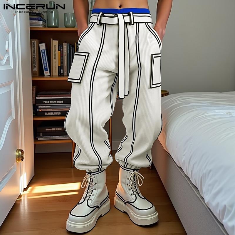 INCERUN Men Autumn Belt Zip-up Waist Stitching Corduroy Harem Pants Trousers