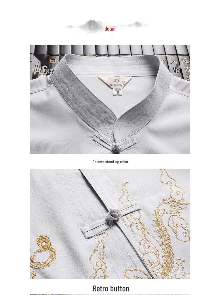 Set Hanfu Stil Tang pentru Bărbați cu Mânecă Lungă - Cămașă de Vară pentru Tai Chi & Budist Laic