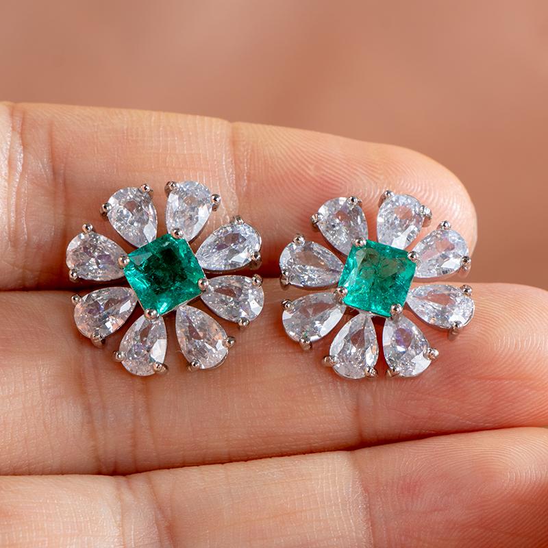 Cellacity Cercei pentru femei din argint 925 Paraiba cu pietre prețioase de formă pătrată, designer de flori, cadou pentru bijuterii fine