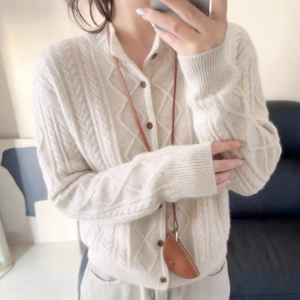 Women's 100% Pure Wool Half-High Collar Cable Knit Cardigan - Loose Long Sleeve Trendy Sweater for Autumn/Winter