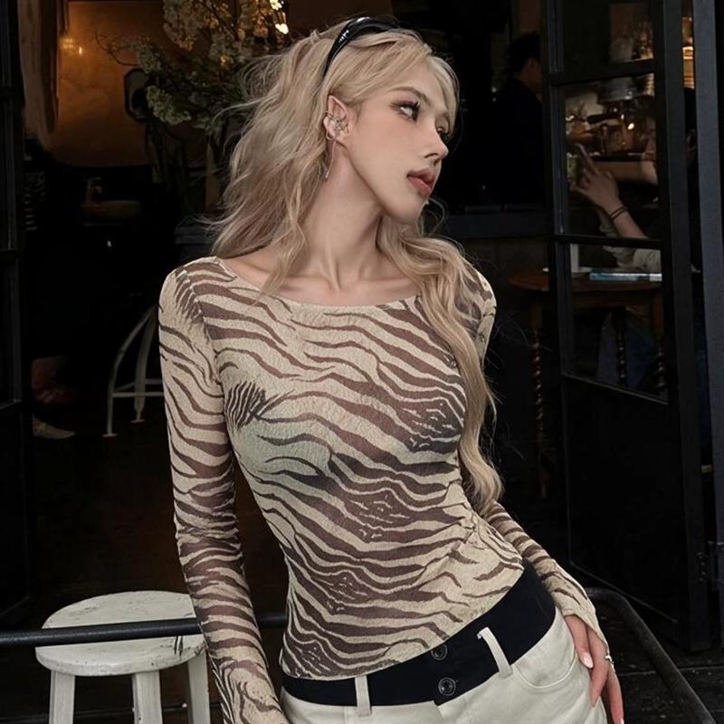 Zebra Printed Mesh Sheer Sexy Shirts & Blouses Long Sleeve Tops Fashion 2025 Fall Clothes for Woman