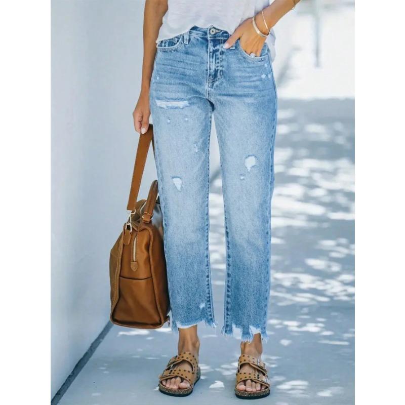 

Women s new hot-selling mid-waist straight pants washed casual ripped jeans XS