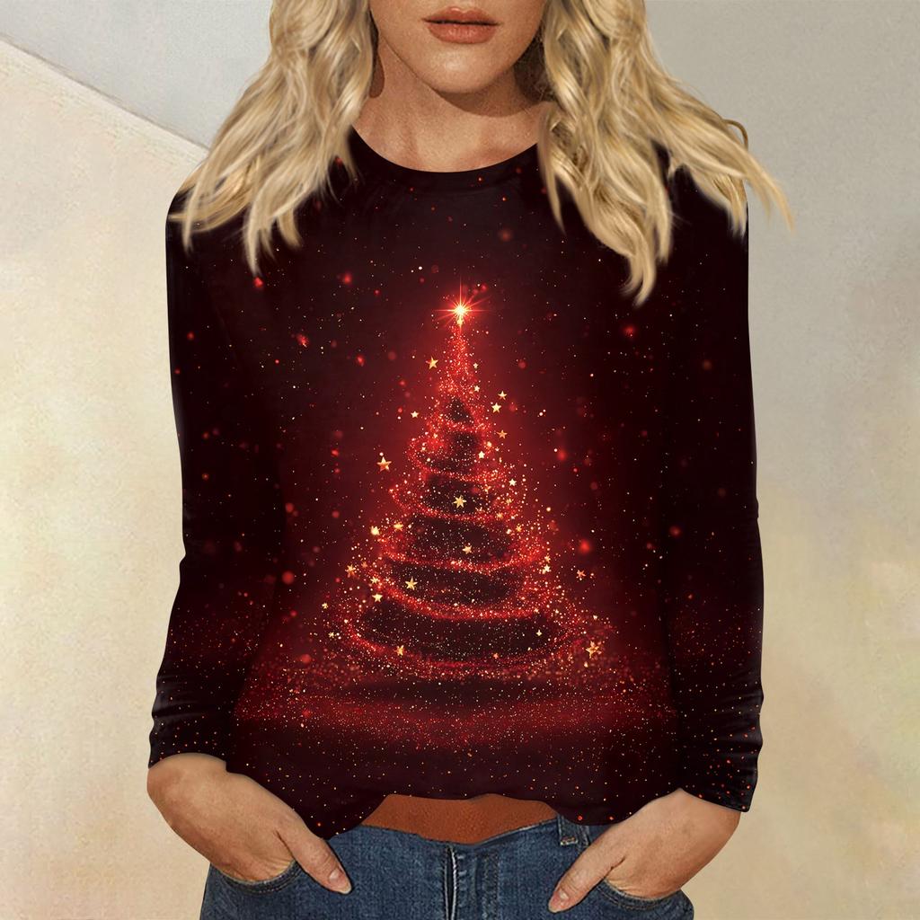 Women's Fashion Casual Christmas Printed Round Neck Long Sleeve Pullover Top
