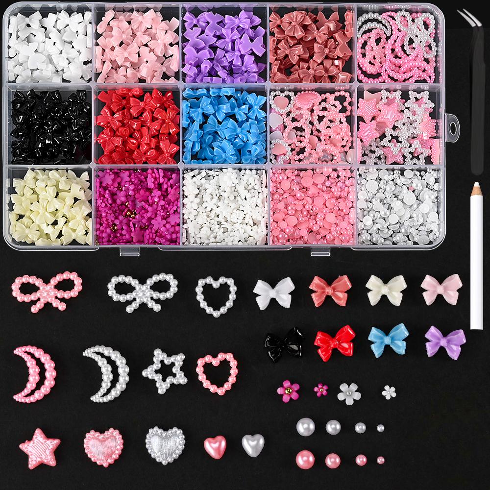 12Grids/Box Mixed Resin Bowknot Nail Charms 3D Colorful Bow Kawaii Rhinestone Nail Art Decorations DIY Manicure Parts Pen Tweeze