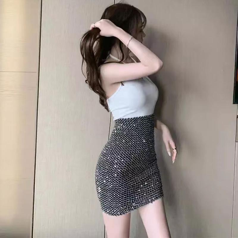 WTEMPO Women's Black Sequin Mini Skirt Summer Bling Club Slim Skirts Stretchy Bodycon Pencil Short Hip Wrap Skirt for Party