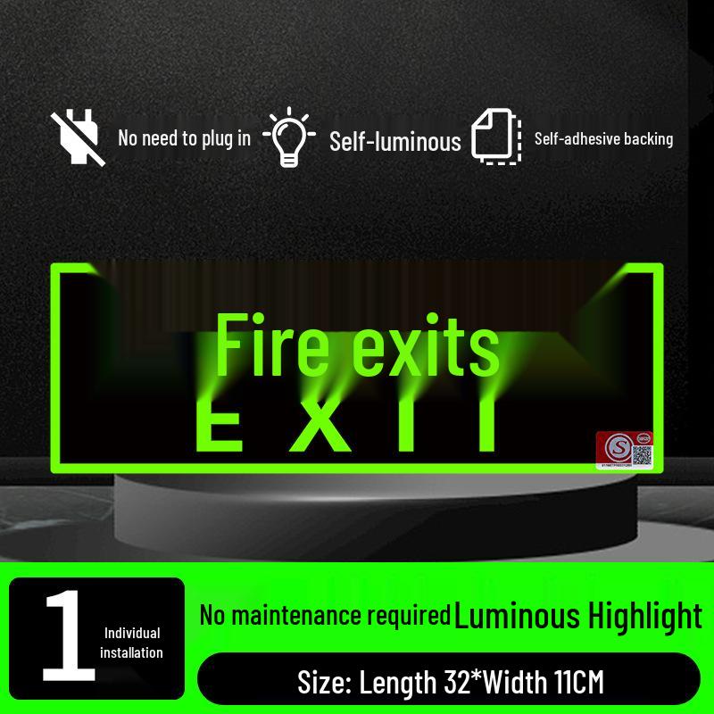 Fluorescent Fire Exit Sign - Self-Adhesive, No Wiring