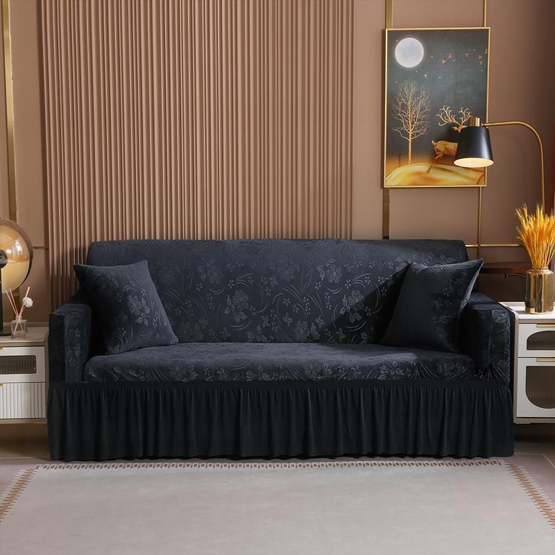 Elegant Stretchable Sofa Cover with Skirt for 1/2/3/4 Seater Soft Velvet Non-Slip Elastic Luxury Solid Color