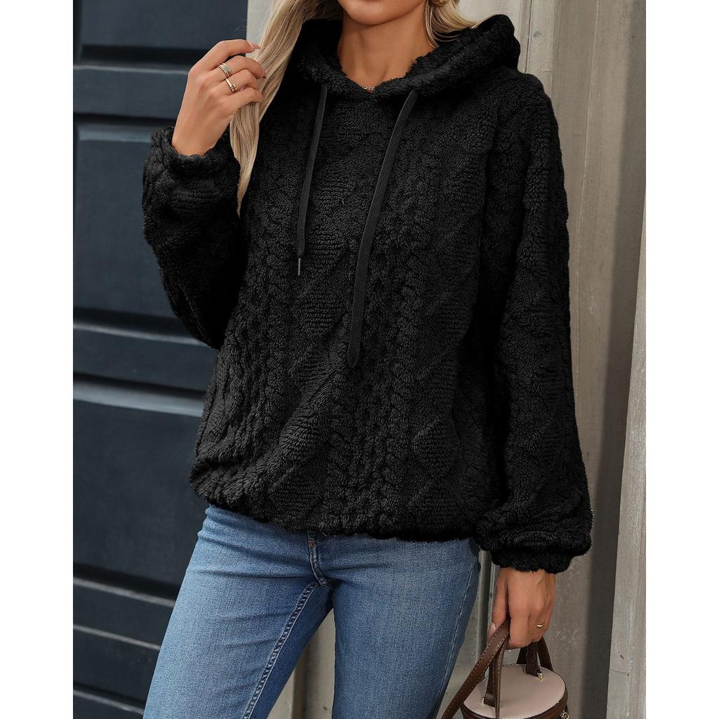 HNXC Autumn and Winter Women's Collection Features A Plush Jacquard Fabric Long-sleeved Loose Hooded Pullover Hoodie