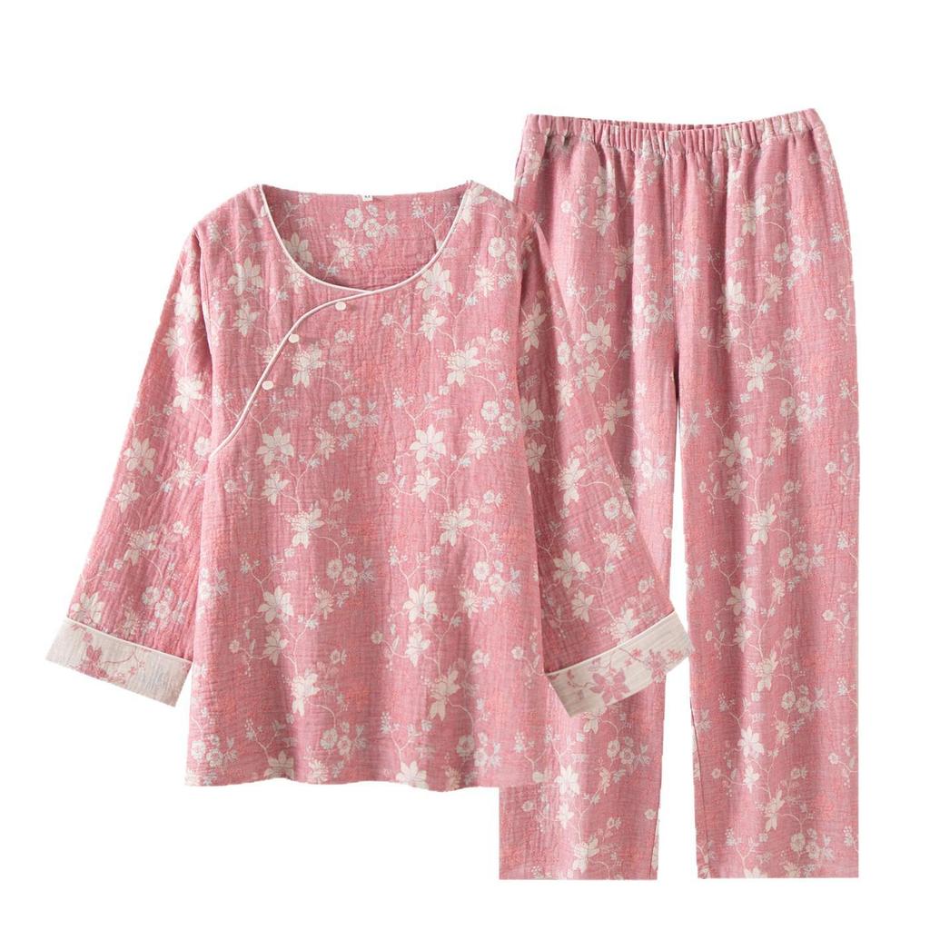 Women's Spring/Summer Red Jacquard Cotton-Linen Pajamas Set with Zodiac Design - Long Sleeve and Pants
