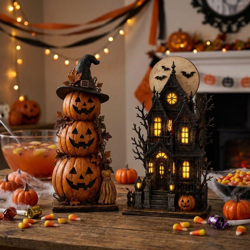 Spooky Wood Haunted House Statue Vintage Stacked Pumpkin Cart Ornament Shelf Decor