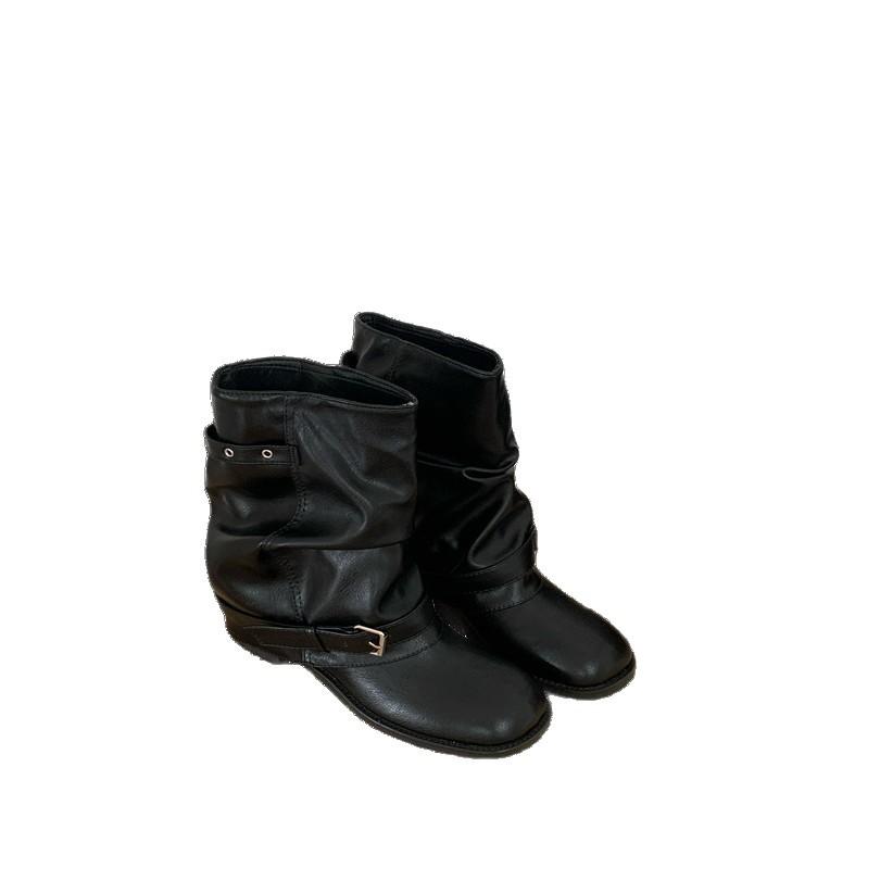 Coarse Heel Black British Medium Martin Boots Women's Boots 2025 Spring and Autumn Single Boots Western Pants Pile Pile Short Boots