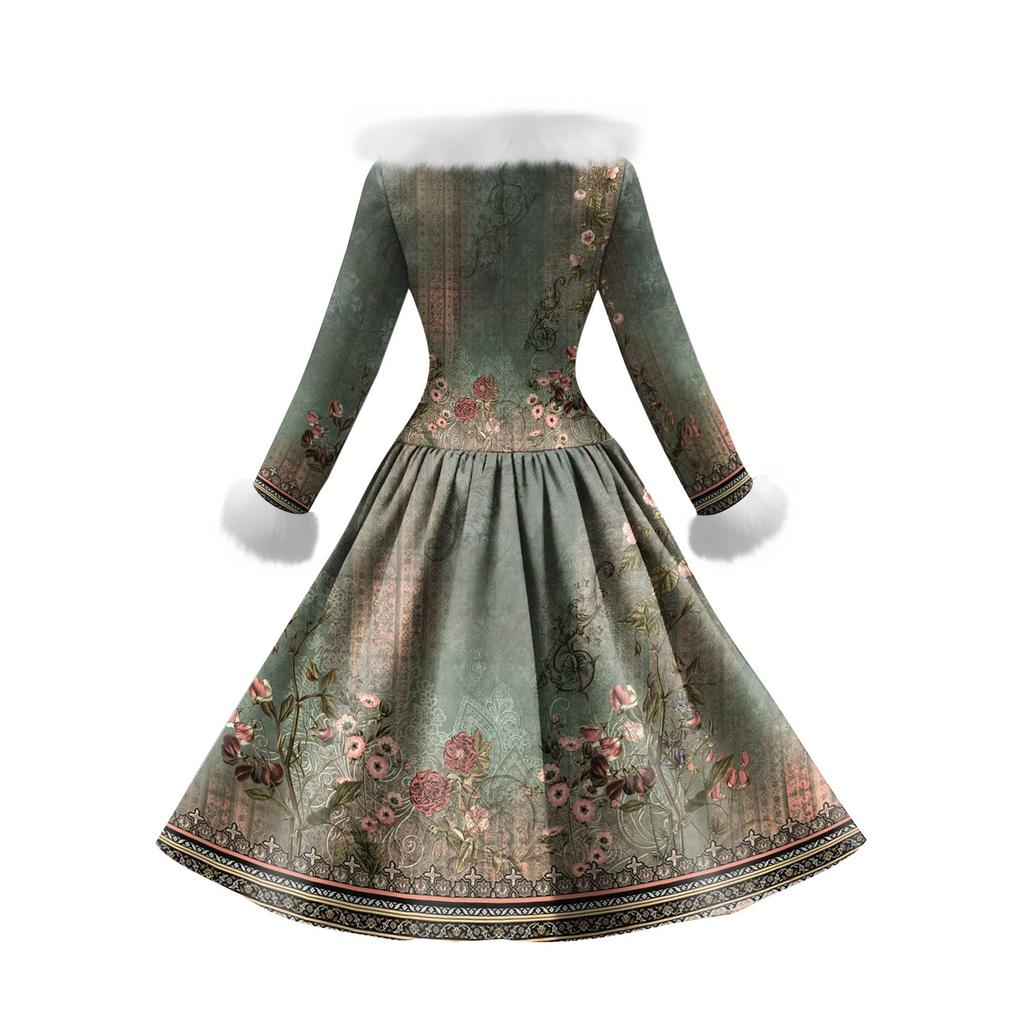 Women's Casual Dress Long-Sleeve V-Neck Patchwork Fleece Christmas Print Dress