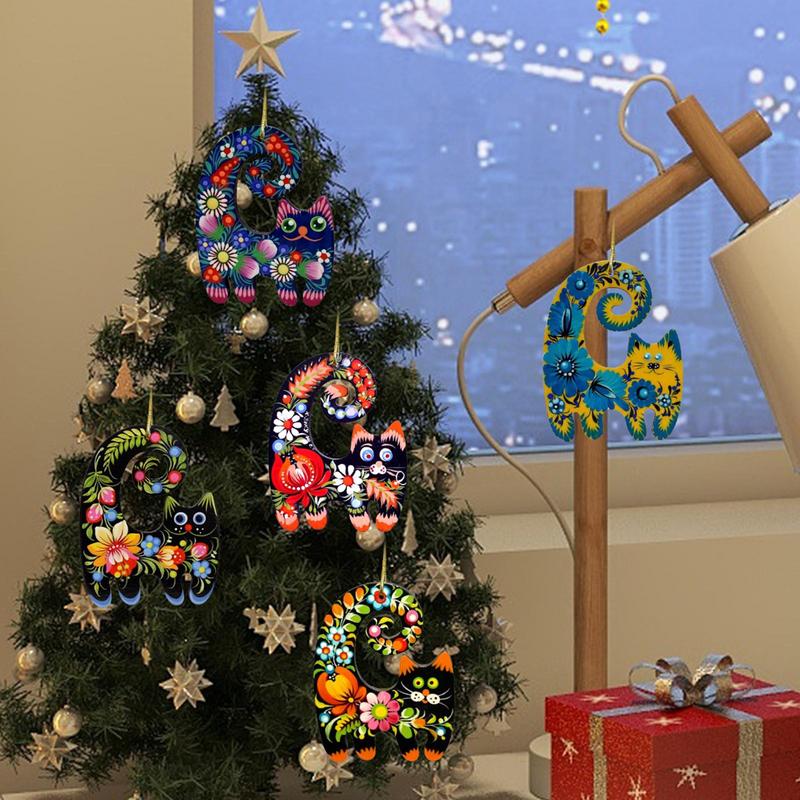Enfeite de Natal de Gato de Madeira Pintado à Mão Enfeite de Natal de Gato Criativo de Madeira Fofo Enfeites de Natal Pintados à Mão Para Casa