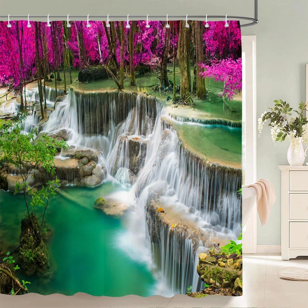 Nature Forest Waterfall 3D Shower Curtain landscape Bathroom Curtains Waterproof Fabric With Hooks Home Decoration Bath Curtain