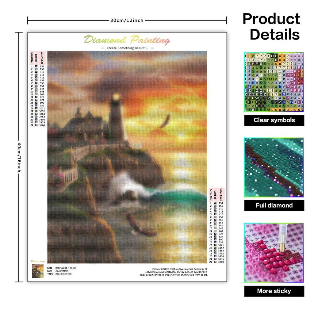 Diamond Painting Landscape Full Round Embroidery Lighthouse Picture Rhinestone Mosaic Home Decor Art 30x40cm