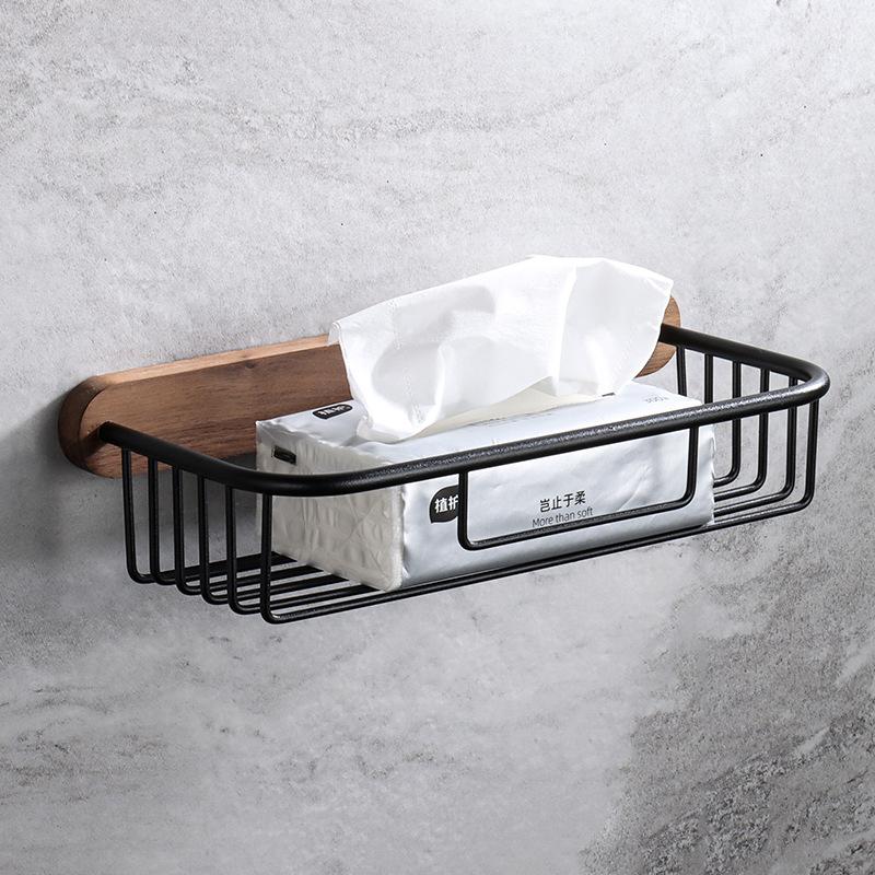 Toilet Paper Holder with Natural Walnut Wooden Shelf Tissue Roll Hanger Wall Mounted Paper Towel Bar Toilet Paper Roll Holder