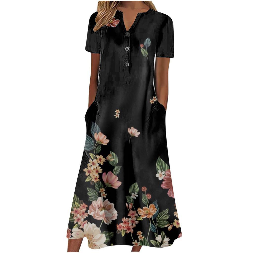 Women's Summer Casual Printed V-Neck Short-Sleeve Swing Dress