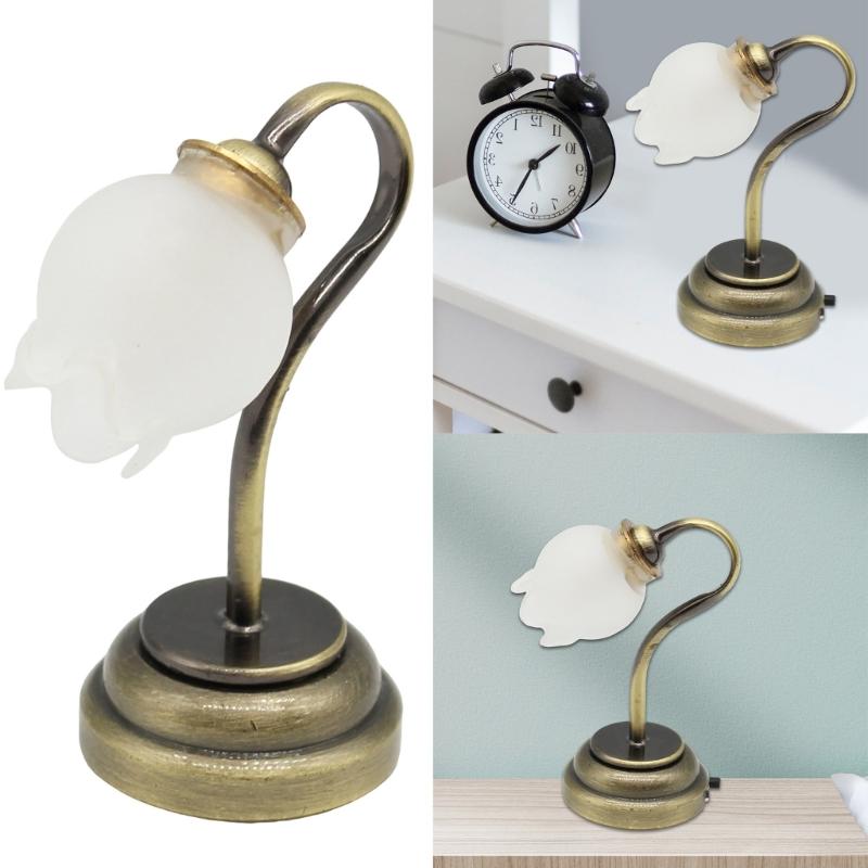 Retro Flower Shade LED Table Lamp for 1/12 Dollhouses Miniature LED Light Dollhouses Display Accessories and Decoration
