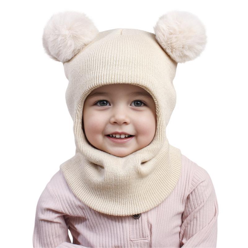 Bommel Baby Wintermütze Schal Einteiler Kinder Strickmütze Warme Ohren Hals Kinder Motorhaube Säuglingsmütze für Mädchen Jungen 1-5 Jahre