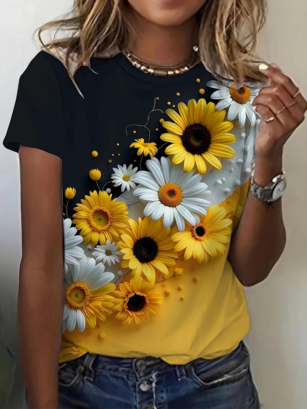 European and American Trendy Women s Pullover Round Neck 3D Flower Digital Printed Top Summer Short Sleeve Loose Women s T-Shirt S
