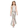 Girls Metallic Disco Outfit Sequins Sleeveless Backless Halter Crop Top Split Bell Bottom Flared Pants