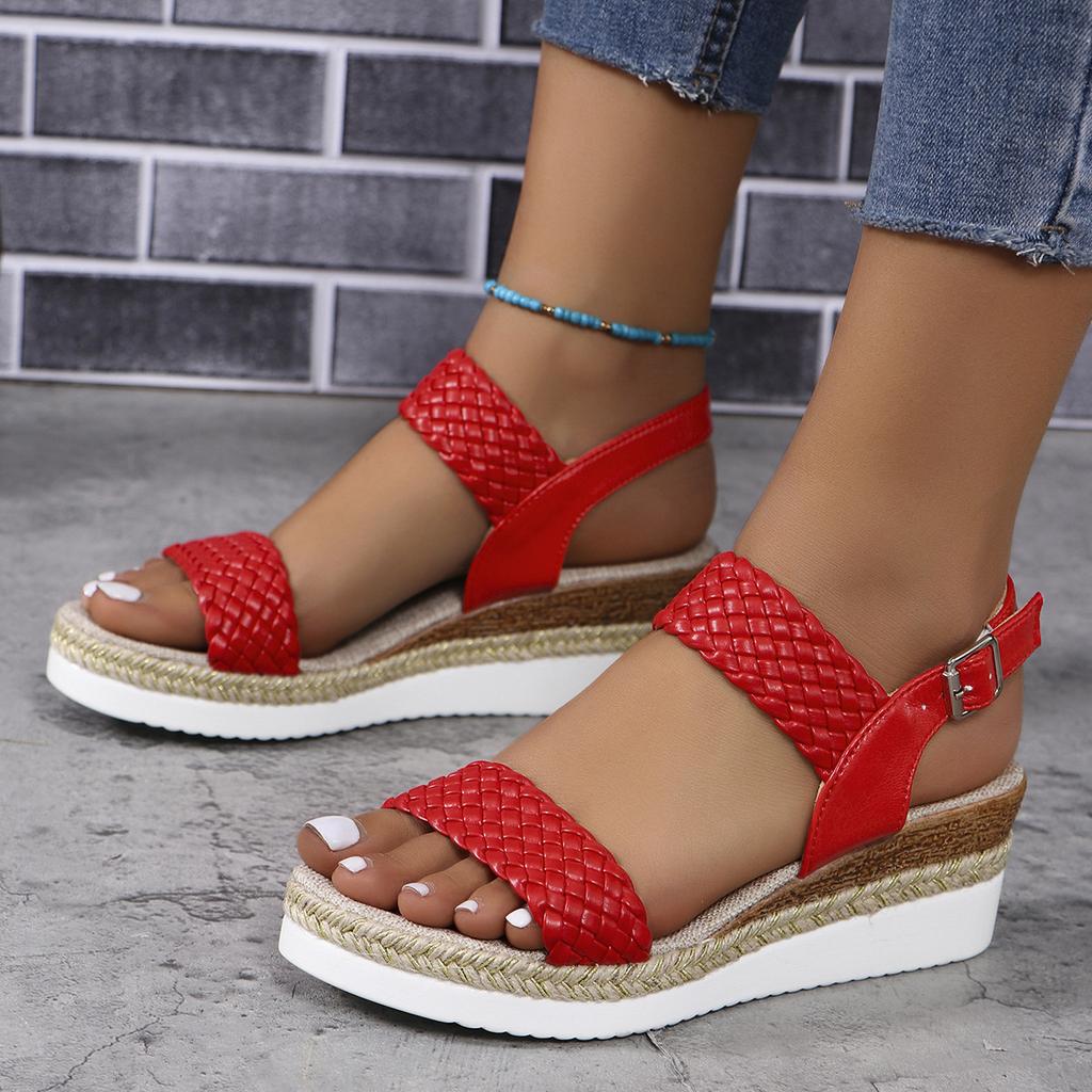 Straw hemp rope wedge heel light sandals women's thick sole one-word buckle beach sandals