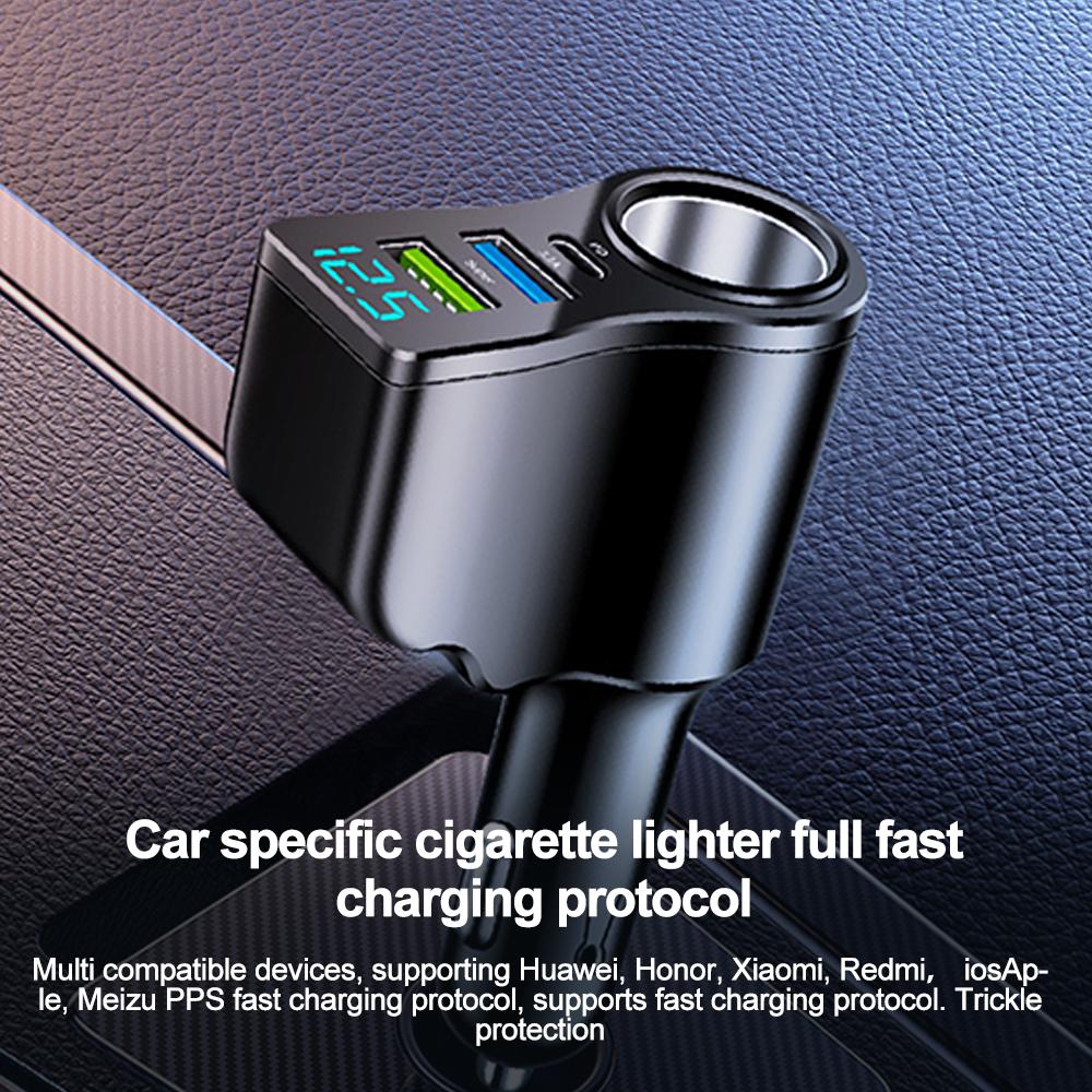 66W Car Cigarette Lighter 4-in-1 Fast Charging USB Type-C Car Charger With Digital Display For iPhone Huawei Sumsung Xiaomi