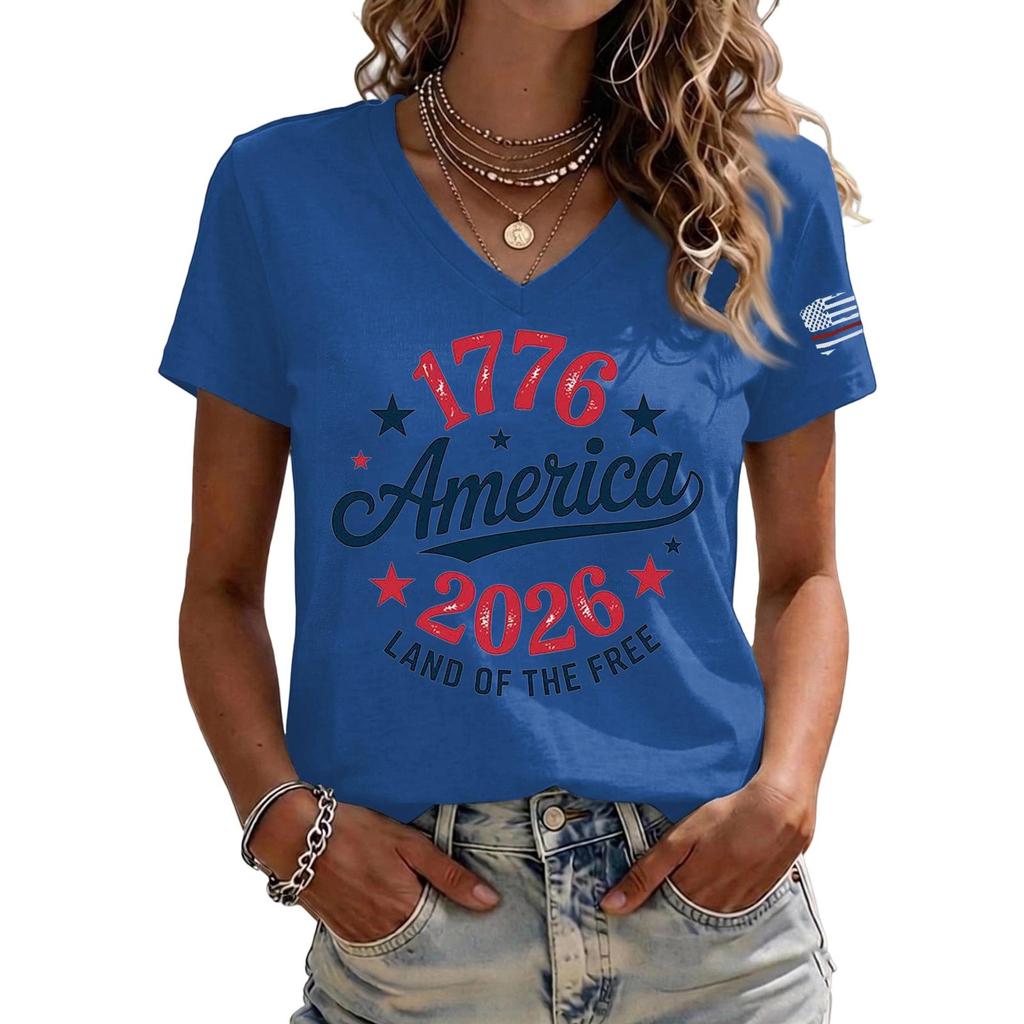Womens Casual V Neck Short Sleeve Pullover T Shirt 1776 2026 Land of the Free Printed Top Comfortable Loose Fit Tee