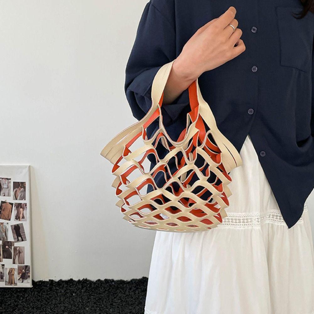 Foldable Leather Folding Tote Bag Large Capacity Woven Handbag Trendy Grocery Bag  Storage