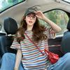 Women's Multicolor Striped T-Shirt - Raw Hem Oversized Short-Sleeve Top