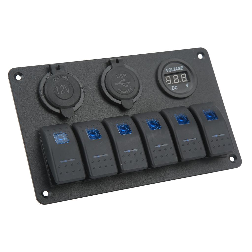 20A 6 Gang Rocker Switch Panel 12V 24V Blue Light Waterproof for Boats Ships Cockpits SUV Trucks