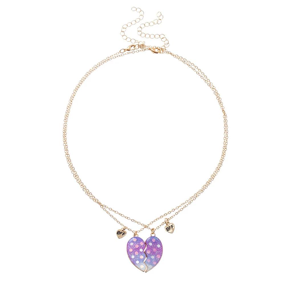 Heart-shaped Scallion powder Sequin Pendant Best Friend Chain Lovely BFF Friendship Necklace for Friend Girl 2 Pcs/Set