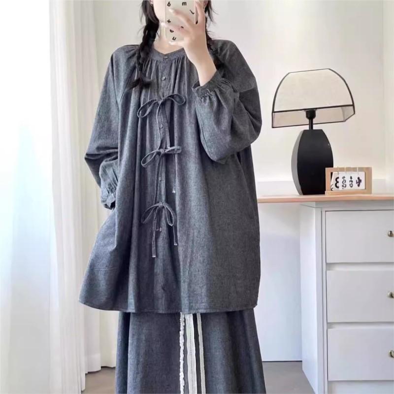 Johnature Japanese Forest Bow Tie Cotton Midi Shirt Women Spring Autumn Casual Loose Balloon Sleeve Tops