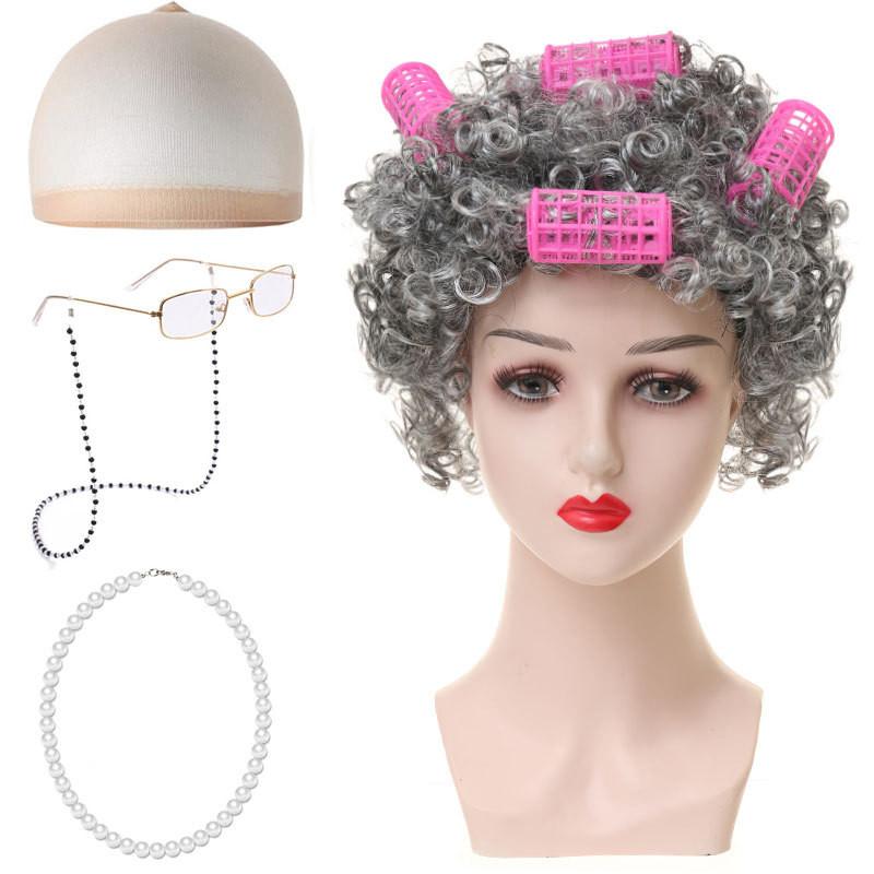 Set Parrucca Riccia da Nonna Corta Per Costume di Halloween Con Vari Colori alla Moda