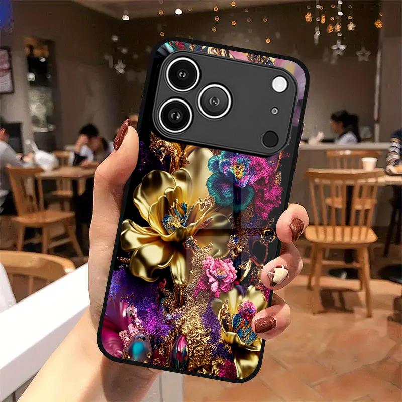 Gold Floral Pattern 2D Phone Case for iPhone 17 16 15 14 13 12 11 X XR XS Max Pro 8 plus - Glass Protective Cover
