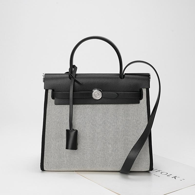 Leather Bag 2022 New Retro Fashion Canvas Kelly Bag Design Sense Contrasting Color Shoulder Messenger Bag Women's Bag