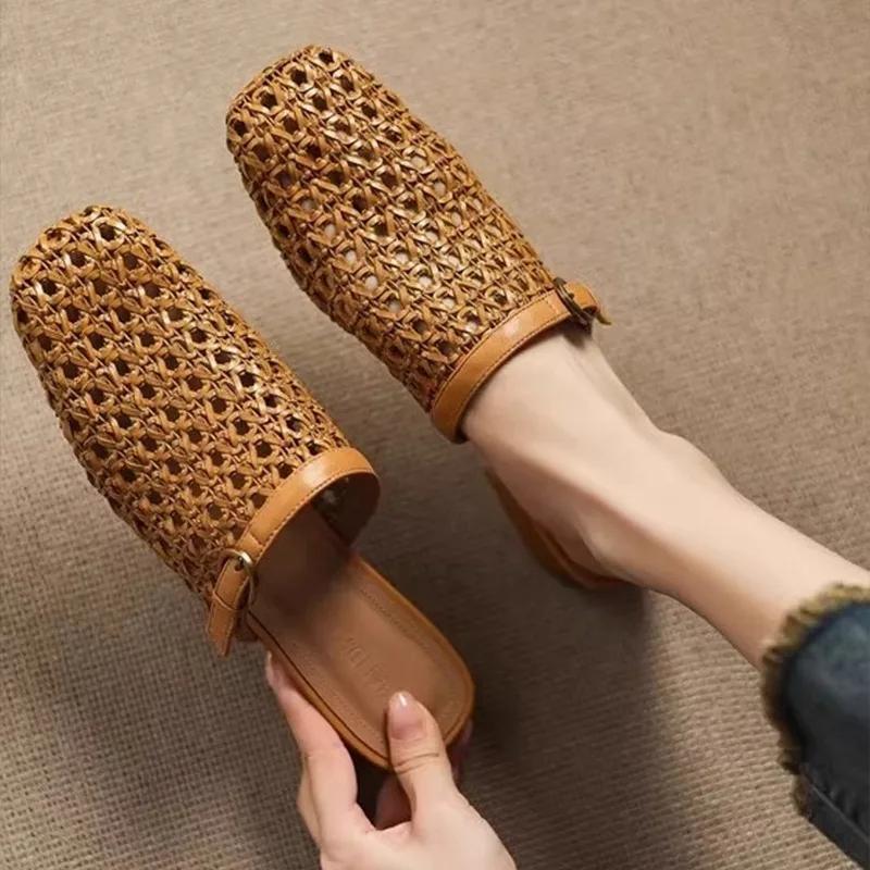 Fashion Women's Vintage Woven Breathable Cutout Half Slip Block Heel Elegant Casual Slippers