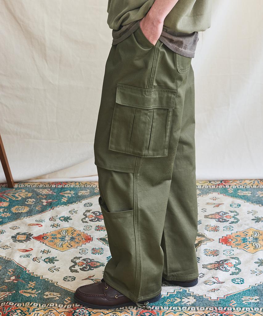 RUGGED HOUSE Urban Wide Knee Cut Cargo Elastic Waist Pants Khaki