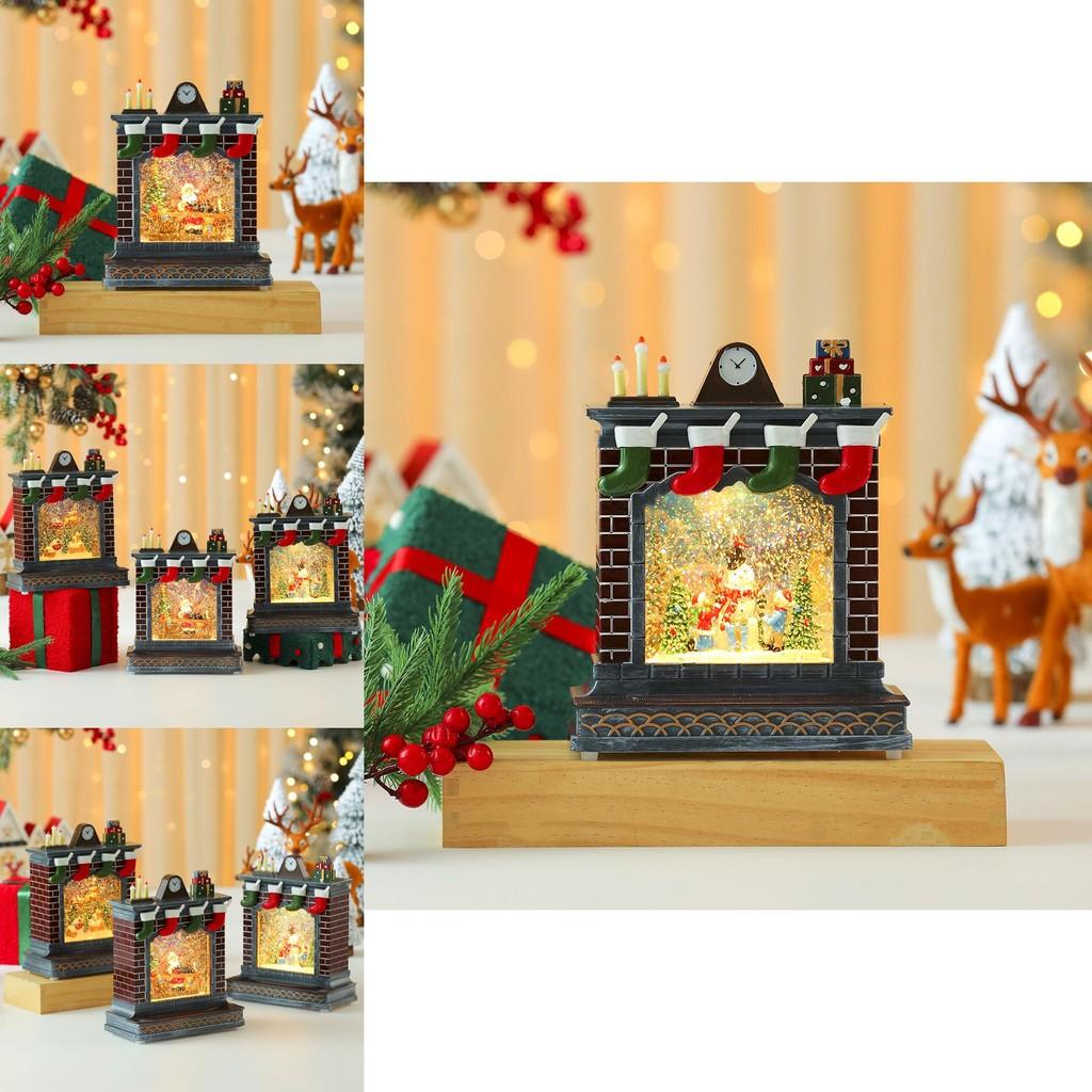 Christmas Scene Fireplace Ornament Music Box With Sitting Elder For Holiday Decor
