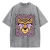 Vintage Womens Mens Acid Wash T-Shirts Leopard Cartoons Printing Tees Crewneck Cotton Oversize Short Sleeve Female Clothes