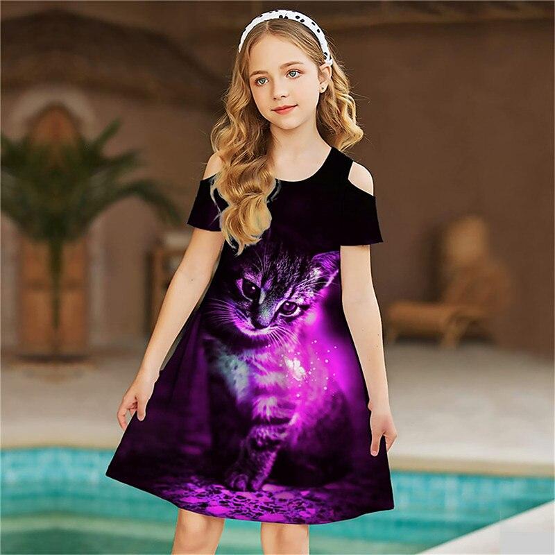 Girls Floral Blue Crystal Cat Print Dresses Kids Girl Party Off Shoulder Dress Princess Dress Short Sleeved Dress Over Four Years Old
