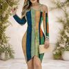 Women Plus Size Chain Strap Cold Shoulder Long Sleeve Striped Printed Asymmetric Bodycon Dress