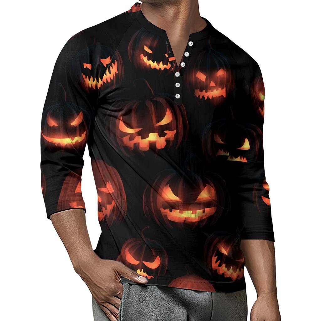 Men's Button-Down Contrast Raglan 3/4 Sleeve Top